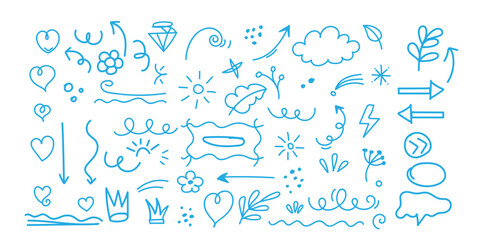  Line cute element set. Hand-drawn sketch doodle style arrow, cloud, star with marker stroke pencil highlight. Doodle sketch heart, star, cloud cartoon sticker shapes