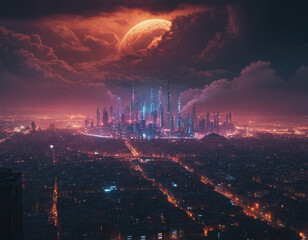 Industrial depiction of mechanical dystopian megastructure with endless cityscape for cyberpunk themed illustrations or futuristic design projects with detailed architecture