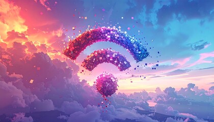 A digital rendition of a WiFi symbol, pixelated and floating above a cloudy landscape, gradient sky with vivid color