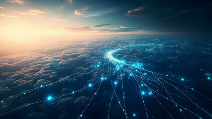 Ultra-realistic 8K HDR image of glowing fiber optic lines connecting continents over Earth’s surface, viewed from the stratosphere. Soft morning light enhances cinematic realism, with ample sky copysp