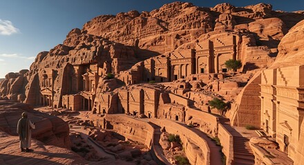 Golden Hour Glow on the Ancient Rock-Cut Tombs of Petra, Jordan.