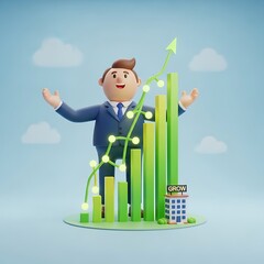 Cartoon Businessman with Growing Chart - Financial Success and Investment Growth.
