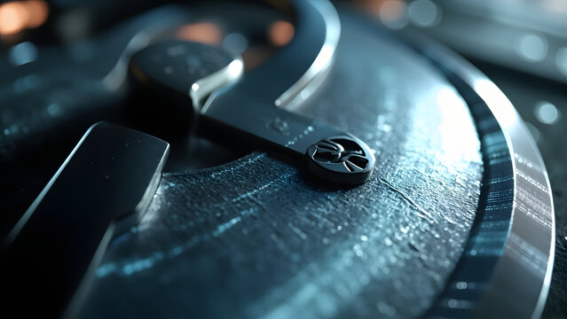 Close-up macro photo of a metal lock with subtle reflections of binary code across its surface. The blurred background provides ample copyspace, captured in natural lighting and photo-realistic 8K cla