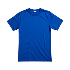 A flat-lay, top-down view of a vibrant blue short-sleeved tee on a black background