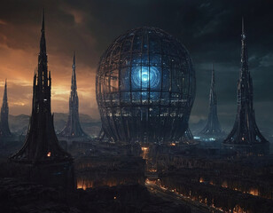 Expansive view of orbital cage in dystopian megastructure world for science fiction illustrations or futuristic design projects with detailed mechanical structures