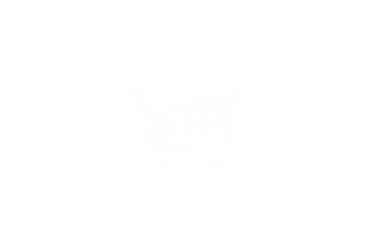 Shopping cart icon, white outline against solid black background