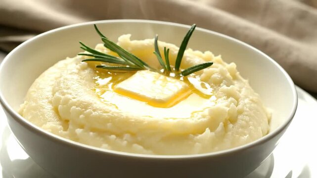 Creamy mashed potatoes with butter and herbs in white bowl  
