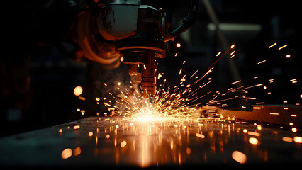 Ultra-realistic 8K HDR photograph of robotic welding sparks in a low-light workshop. Black background provides ample copyspace, with cinematic lighting emphasizing precision and industrial technology 