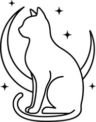 Mystical Cat Crescent Moon Outline Vector: Whimsical Feline Design with Stars, Ideal for Esoteric Projects, Astrological Themes, and Decorative Illustrations