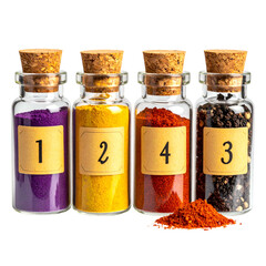 Four glass bottles with corks, each filled with vibrant spices/powders & labeled 1-4