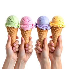 Four hands hold assorted ice cream cones with different colors, set against a black backdrop