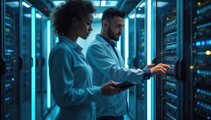 Fototapeta premium Diverse male and female engineers check server racks in data center. Technicians collaborate using tablet near rows of computers. Teamwork in IT infrastructure.