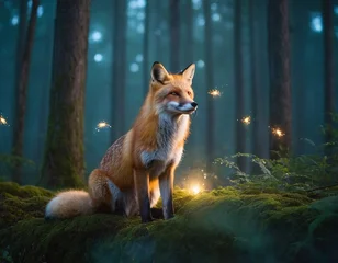 Papier peint photo Chambre de fille Mystical forest setting with glowing fox spirit creating enchanting visual effects for fantasy illustrations or nature inspired digital art projects with ethereal lighting effects  © Niloy Pal