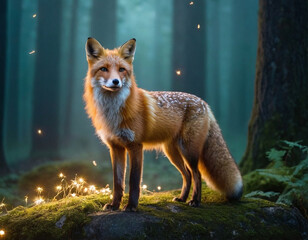 Obraz premium Enchanting depiction of glowing fox spirit in mystical forest for fantasy illustrations or nature inspired digital art projects with ethereal lighting and magical atmosphere