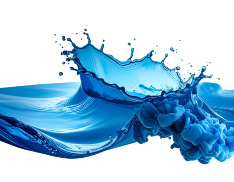 Ocean blue ink splash in air with wave ripple effect on transparent background