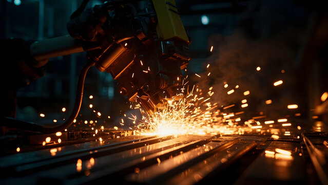 Ultra-realistic 8K HDR photograph of robotic welding sparks in a low-light workshop. Black background provides ample copyspace, with cinematic lighting emphasizing precision and industrial technology 
