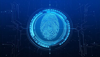 A digital representation of a fingerprint, glowing blue against a dark blue background, with electronic circuit patterns