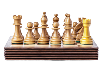 Wooden chess pieces arrayed on board, ready for gameplay