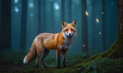 Mystical glow effects featuring fox spirit in forest setting for fantasy illustrations or nature inspired digital art projects with ethereal lighting and magical atmosphere