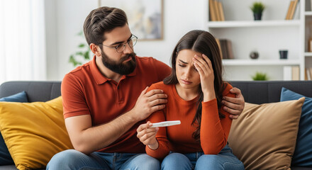 Worried young woman holding pregnancy test with supportive partner offering comfort in a moment of uncertainty and emotional family planning