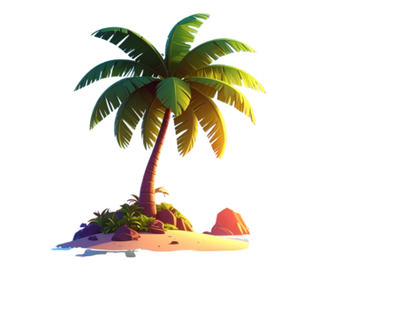 3D cartoon palm tree and tropical island at the summer solstice