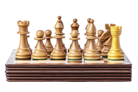 Wooden chess pieces arrayed on board, ready for gameplay