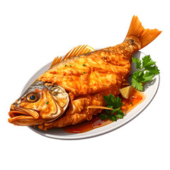 A golden-brown, crispy fried whole fish on a white plate, garnished with sauce & greens