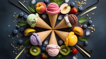 Colorful Ice Cream Cones and Fruit in a Radial Arrangement.