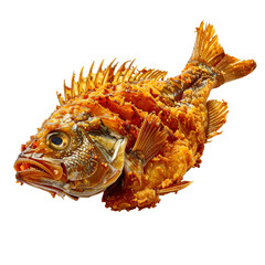 Crispy fried whole fish with golden, textured exterior on a transparent background