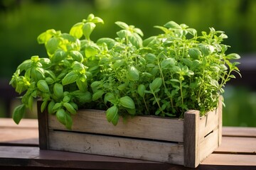 Fototapeta premium A wooden crate filled with fresh herbs, perfect for a mom who loves gardening, symbolizing growth and nurturing