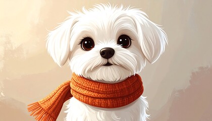 A fluffy, white dog with large brown eyes and an orange scarf. Soft lighting provides a warm and inviting feel. The dog is looking at the viewer