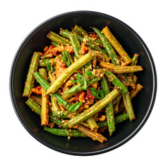 Overhead shot of a bowl of green, sauteed vegetable stalks with a brown sauce and herbs