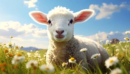 A fluffy white lamb rests peacefully in a vibrant green field of daisies under a bright blue sky dotted with puffy clouds. The lamb gazes directly at the viewer