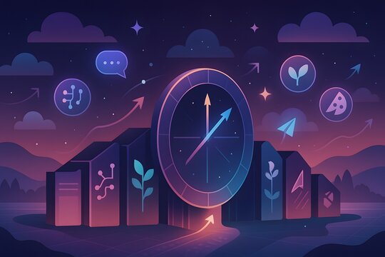Dark neon tech illustration of a circular clock gauge surrounded by stylized books with circuit, growth, communication, and travel icons, futuristic concept art for dashboards.