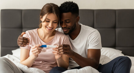 Overjoyed young couple celebrating positive pregnancy test results together in bed, embracing the joy of starting a family and a bright future