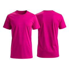 A vibrant magenta crew neck t-shirt, front and back views, isolated on black