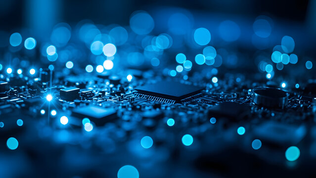 Ultra-detailed macro photograph of a quantum processor circuit with glowing points of light. The high-end realistic 8K image features copyspace around the edges, emphasizing advanced technology, quant