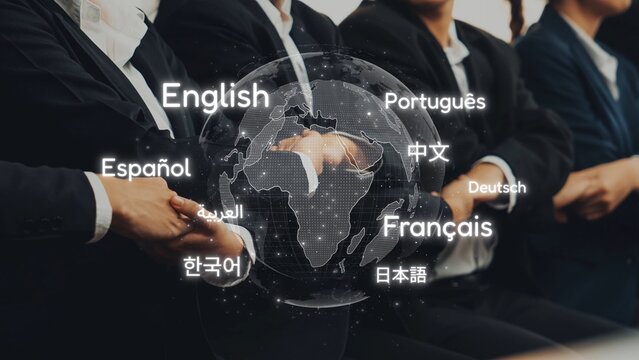 This image showcases a business environment where diverse languages are represented, emphasizing the importance of communication and cultural collaboration in the global market. Raster - Powered by Adobe