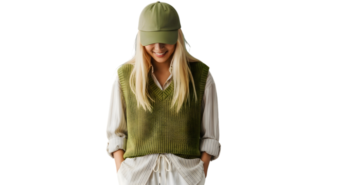 Young blonde woman in a green knitted vest and baseball cap, smiling gently. She embodies a relaxed, modern casual fashion style, isolated on white background