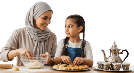 Joyful mother and daughter bond over traditional baking, mixing ingredients and preparing homemade pastries together with love and warmth, creating cherished family memories in the kitchen