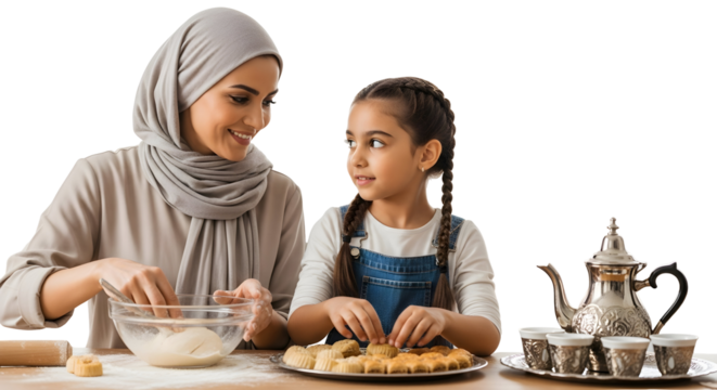 Joyful mother and daughter bond over traditional baking, mixing ingredients and preparing homemade pastries together with love and warmth, creating cherished family memories in the kitchen