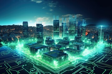 Smart city on circuit board background. Futuristic cyberspace concept.
