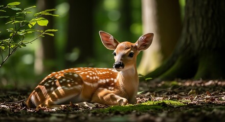 Resting Fawn in Forest Sunlight - A Gentle Moment in Nature.