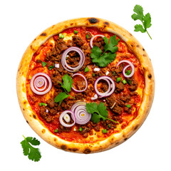 Overhead shot of a freshly baked pizza with toppings, isolated against a black background