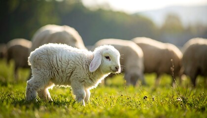 Obraz premium A fluffy, white lamb stands in a grassy field with blurred sheep in the background, illuminated by warm sunlight