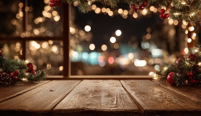 Rustic wooden table with Christmas window scene