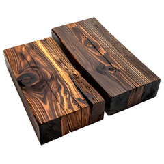 Two charred, rectangular wood blocks with rich grain, angled for viewing