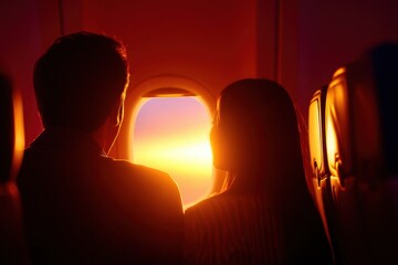 A couple enjoying a romantic sunset view from an airplane window during a journey together