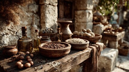 Rustic charm still life composition of ancient kitchenware and pantry staples