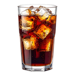 A tall glass filled with dark, bubbly beverage and glistening ice cubes, against a black background